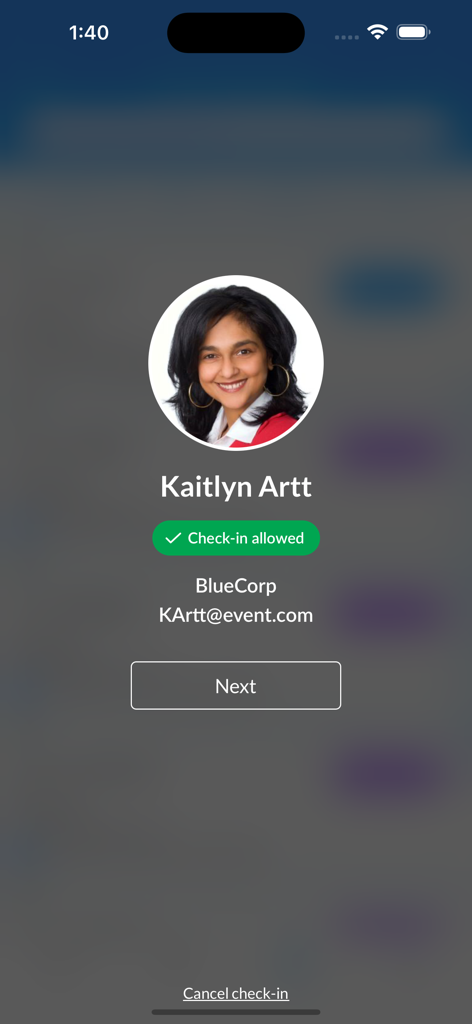 OnArrival - Digital check in screen for an event attendee showing status and profile information