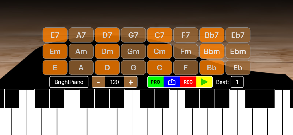 Chord Player Keyboard - Interface of the Chord Player Keyboard app showing chord buttons and a piano keyboard