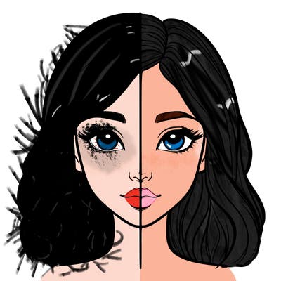 realistic girl face with line through the middle