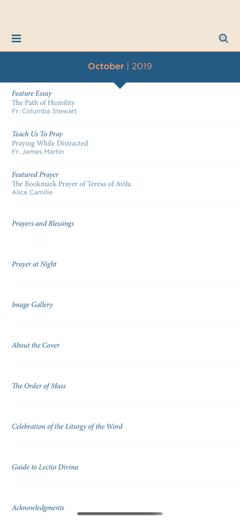 Give Us This Day - Table of contents screen in the Give Us This Day app showing monthly religious essays, prayers, and the Order of Mass