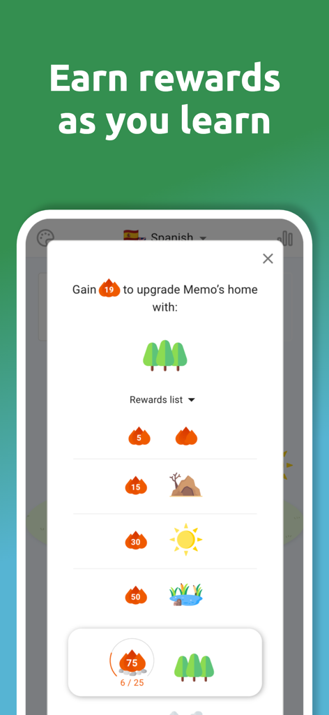 DuoCards: Language Learning - 보상 목록과 진행 상황 추적 시스템을 보여주는 DuoCards 앱 인터페이스