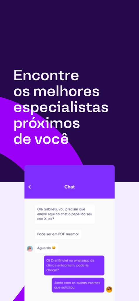 Amplimed: Agendar consulta - Interface do aplicativo Amplimed exibindo um chat médico em português entre um paciente e um especialista.