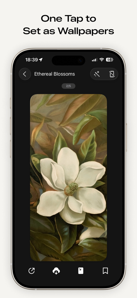 Clarity Wallpaperアプリのプレビュー。iPhoneに美的で花柄の背景が表示されています。