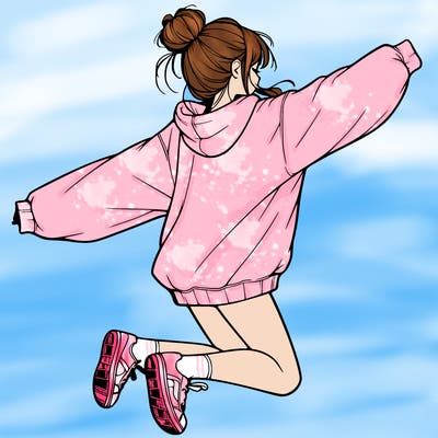realistic girl jumping with a bun and oversized sweatshirt