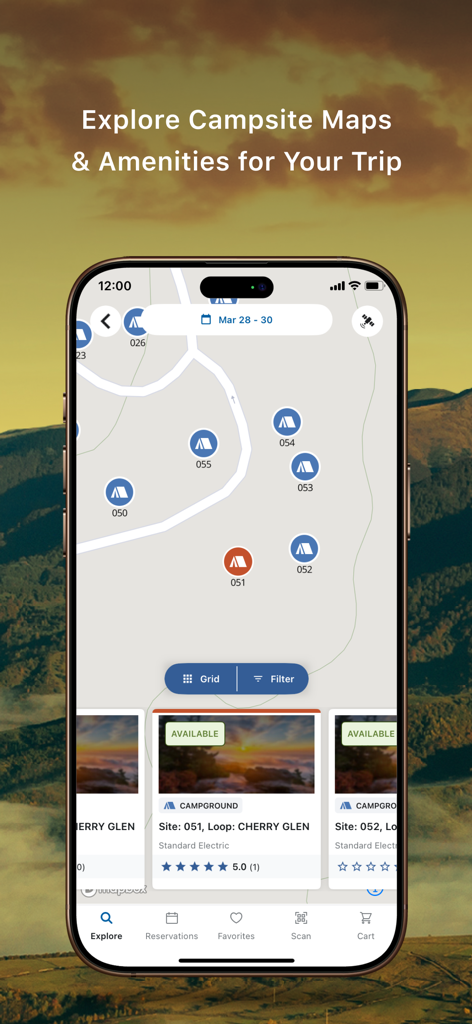 Écran mobile montrant une carte interactive des emplacements de camping et de la disponibilité dans l'application Recreation.gov