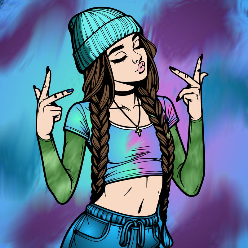 realistic teenage girl with braids and a beanie and crop top doing 🫶🏼