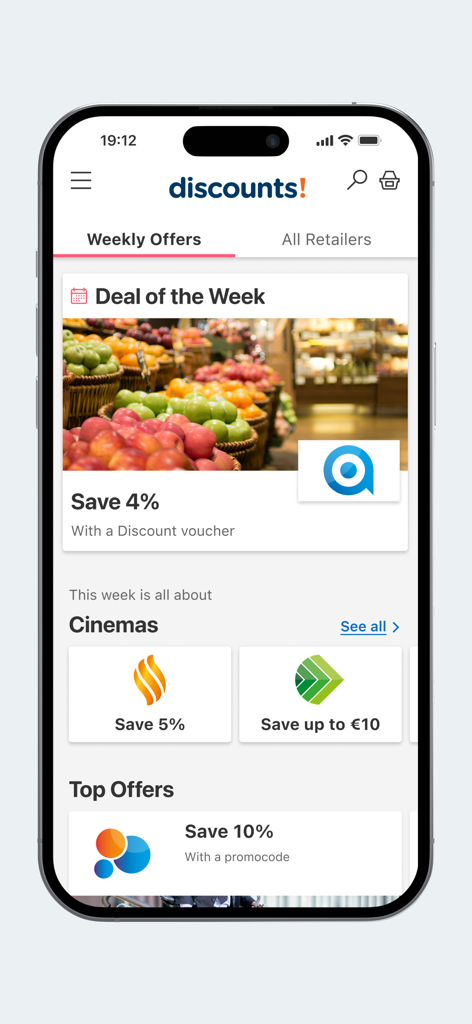 Aplicación móvil Edenred Discounts mostrando ofertas semanales y ahorros en comercios minoristas