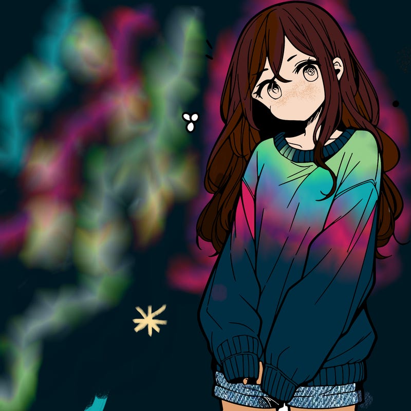 manga teen girl  in a sweater and baggy pants