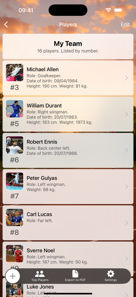 Assistant Coach Handball - Assistant Coach Handball player roster screen showing team members and roles.