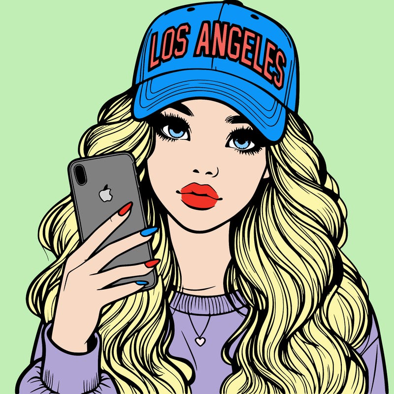 realistic beautiful girl wearing los ángeles cap holding an iphone