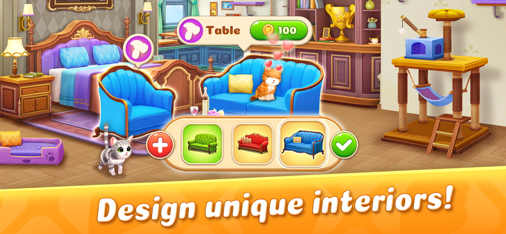 Kitten Match - A screenshot of Kitten Match showing room decoration and furniture selection for a cat themed mansion