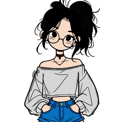 girl with a messy ponytail glasses a baggy crop top and jean shorts