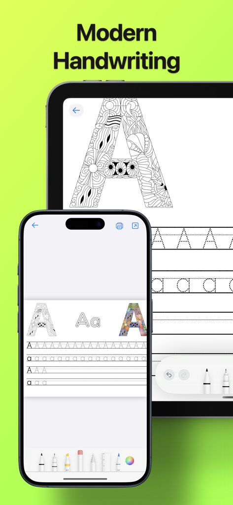 Modern Handwriting Calligraphy - Aplicación Caligrafía de Escritura Moderna mostrada en un iPhone y un iPad con hojas de práctica de calco de letras.