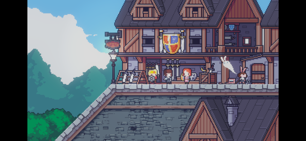 Dungreed - Pixel art characters standing in front of a town armory in the game Dungreed