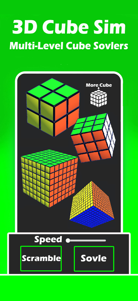 Rubiks Cube Master app interface showing 3D cube simulations of different sizes including 2x2 and 3x3