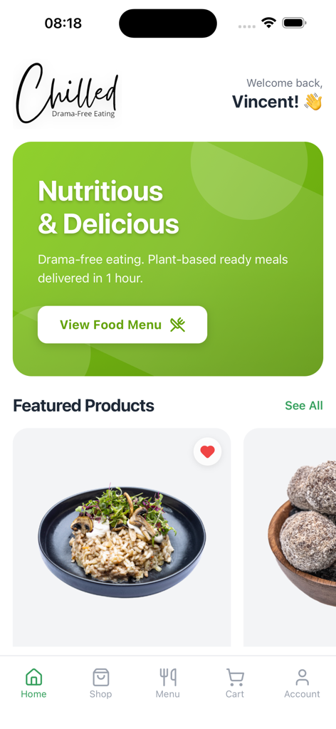 Chilled - Home screen of the Chilled app showing featured plant-based ready meals and a nutritious food menu