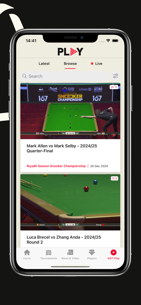 World Snooker Tour app WST Play section showing match highlights and live snooker content.