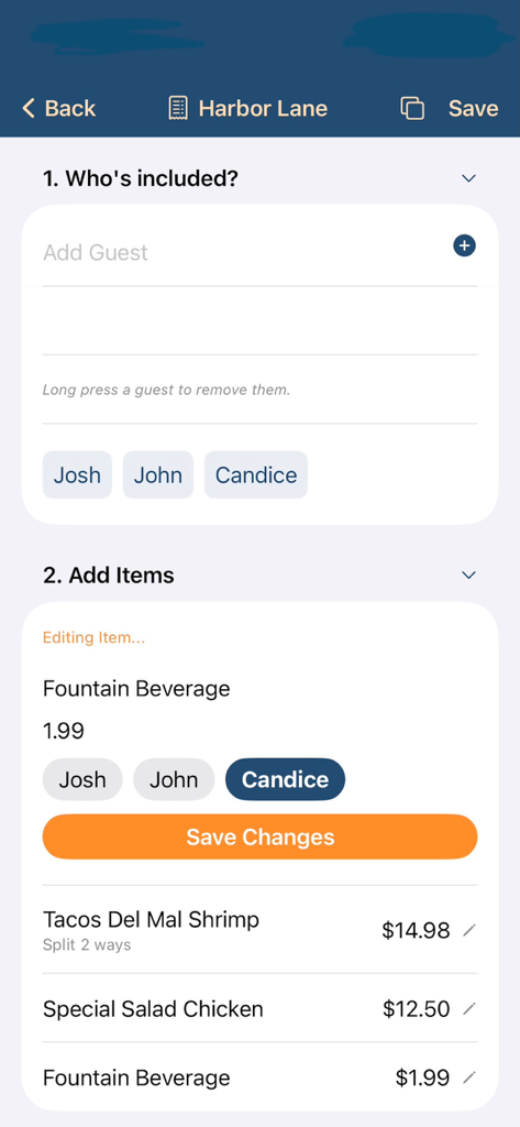 SplitCheck: Scan-Select-Split - SplitCheck app interface showing receipt items being assigned to specific guests for an accurate bill split