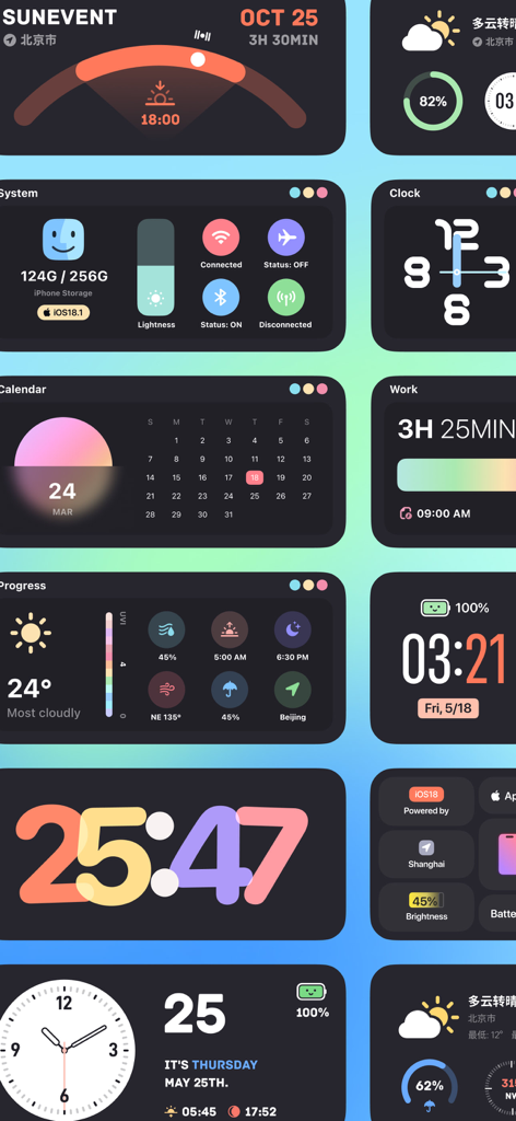 A collection of colorful and minimalist iOS widget designs for iPhone customization
