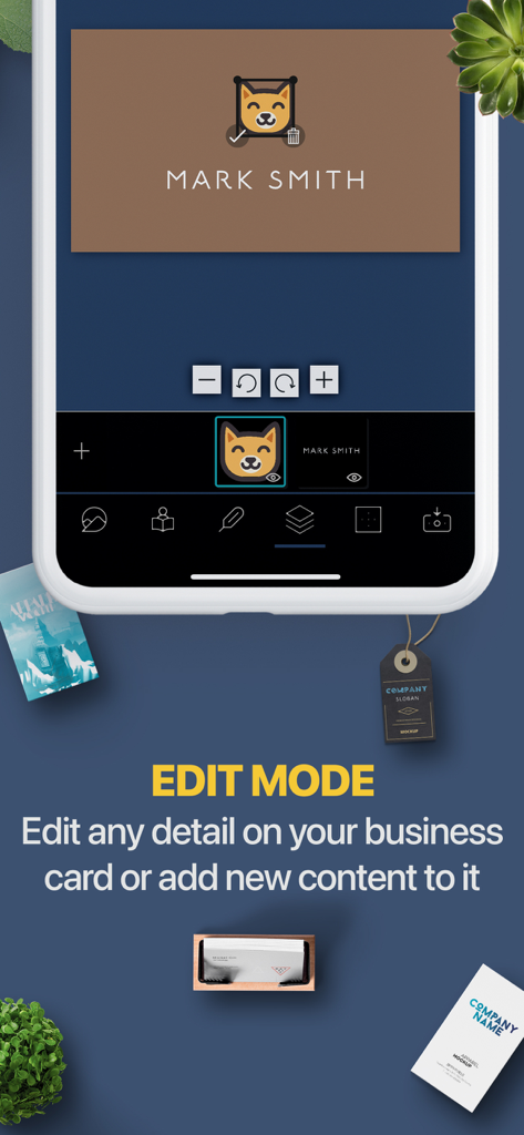AI Business Card Maker QR - カスタム名刺の編集モードを示すAI名刺メーカーアプリのインターフェイス