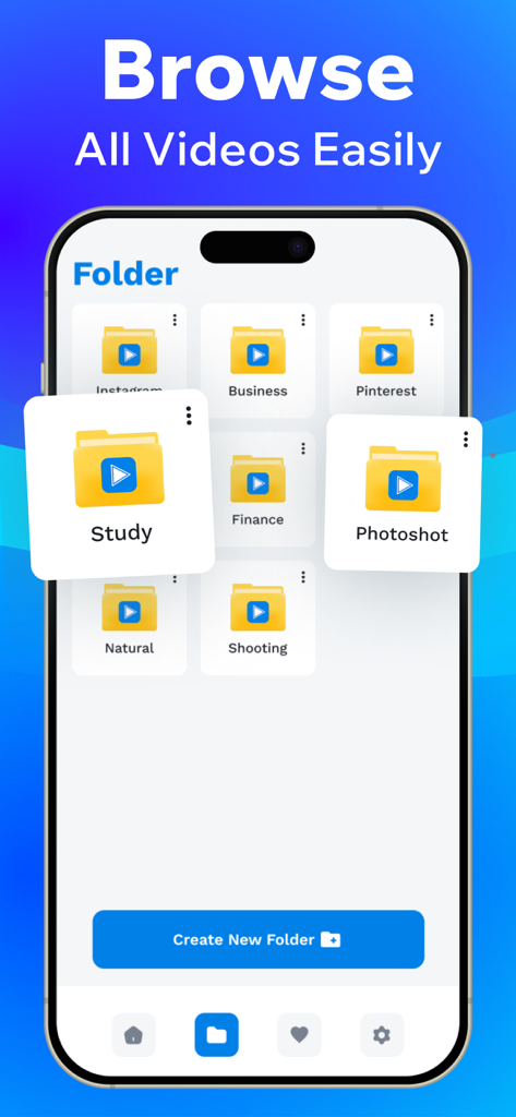 Video Downloader : Download - Smartphone screen showing the Video Downloader app folder interface for organizing saved videos into categories like Instagram and Pinterest