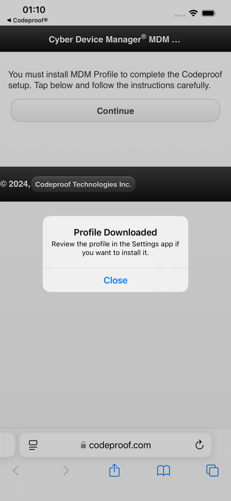 Cyber Device Manager® - Cyber Device Manager MDM profile downloaded notification on iOS