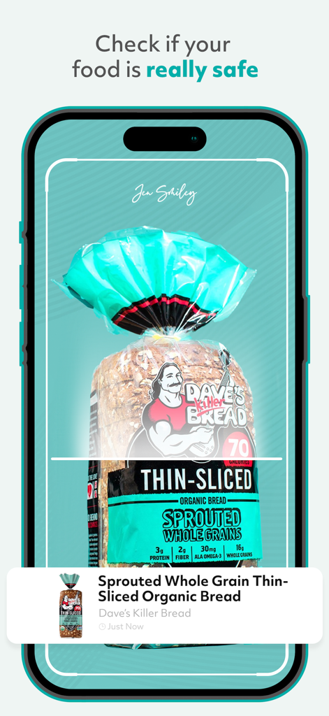 Mobile app interface scanning a package of organic bread to check for clean ingredients.