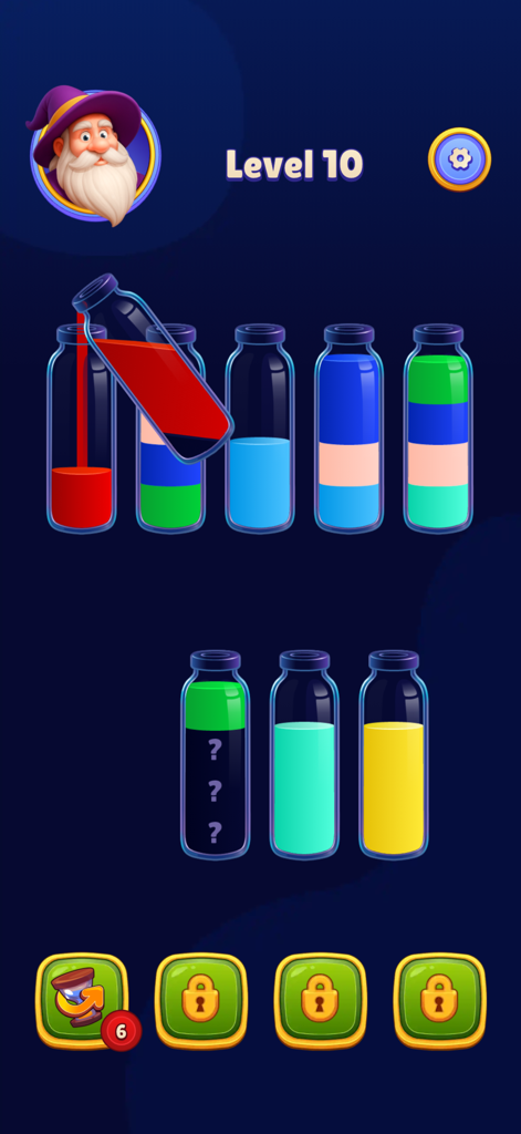 Magic Sort: Water Sort Puzzle - Ein Wassersortier-Rätselspiel-Bildschirm, der bunte Tränke zeigt, die auf Level 10 in Glasflaschen gegossen werden.