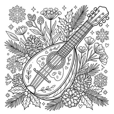 Step into a serene winter scene with this enchanting coloring page featuring an elegant lute. Surrounded by charming cottagecore botanicals and delicate snowflakes, it offers a peaceful artistic escape.