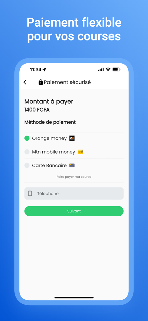 Orange Money 및 MTN Mobile Money를 포함한 유연하고 안전한 결제 옵션을 보여주는 Ongo 모바일 앱 인터페이스