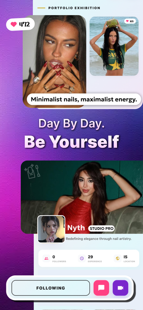 Keep - Vivid Chat - Interfaz de la aplicación Keep - Vivid Chat mostrando un portafolio de arte de uñas y un perfil de usuario profesional