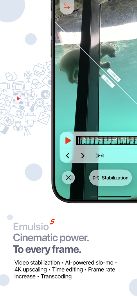 Emulsio 5 app interface showing real-time video stabilization with split-screen comparison