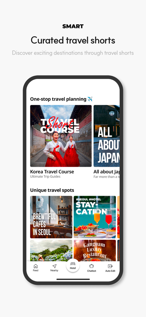 ViiV - Find the perfect travel - ViiVアプリのインターフェース。韓国と日本のキュレーションされた旅行ショートと計画ガイドが表示されています。
