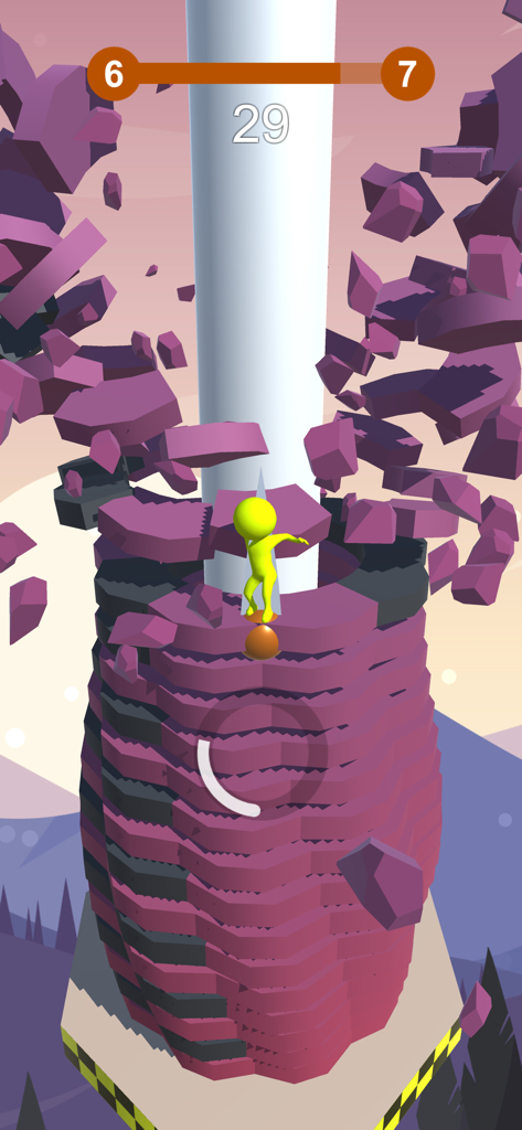 Stack Jump Ball - A character smashing through purple platforms in the Stack Jump Ball 3D arcade game