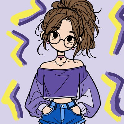 girl with a messy ponytail glasses a baggy crop top and jean shorts