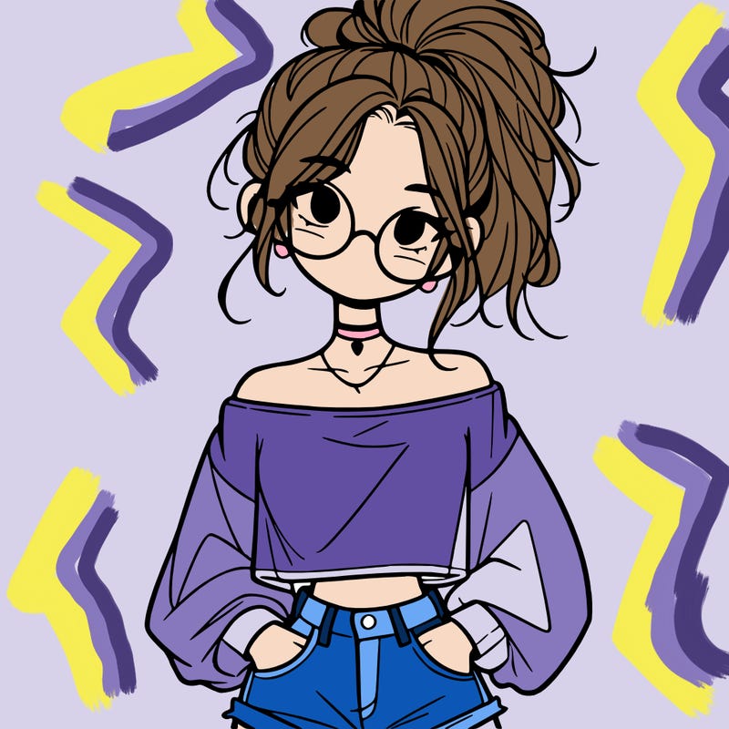 girl with a messy ponytail glasses a baggy crop top and jean shorts