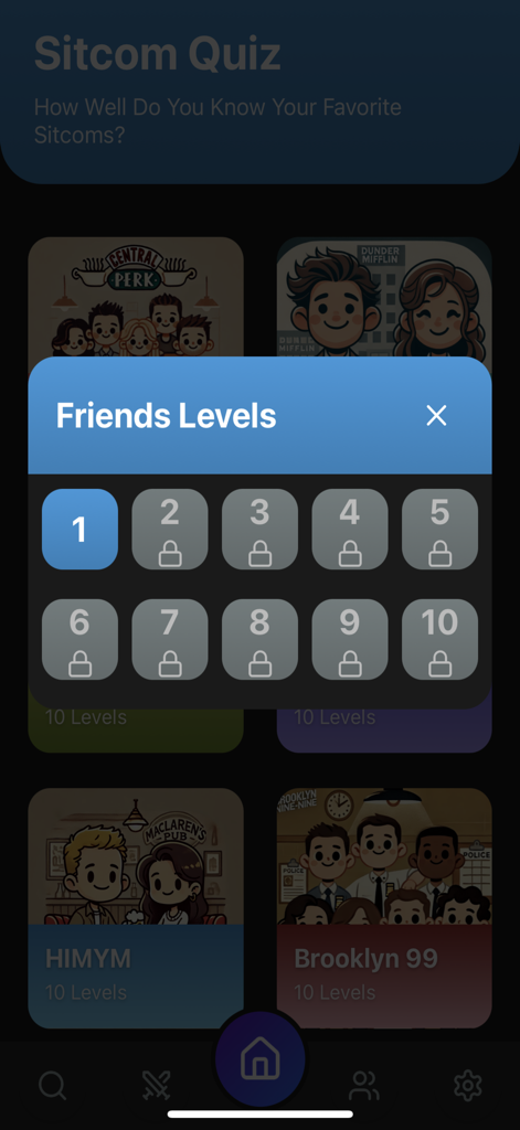 Sitcom QuizUp - Level selection screen for the Friends trivia category in Sitcom QuizUp