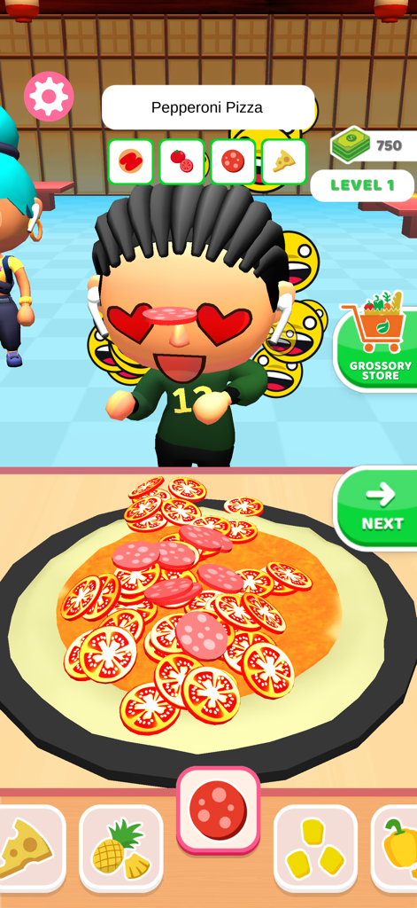 Overcooked Pizza: Make a Pizza - A cartoon character with heart eyes watching a pizza being topped with pepperoni and tomatoes in a cooking game.