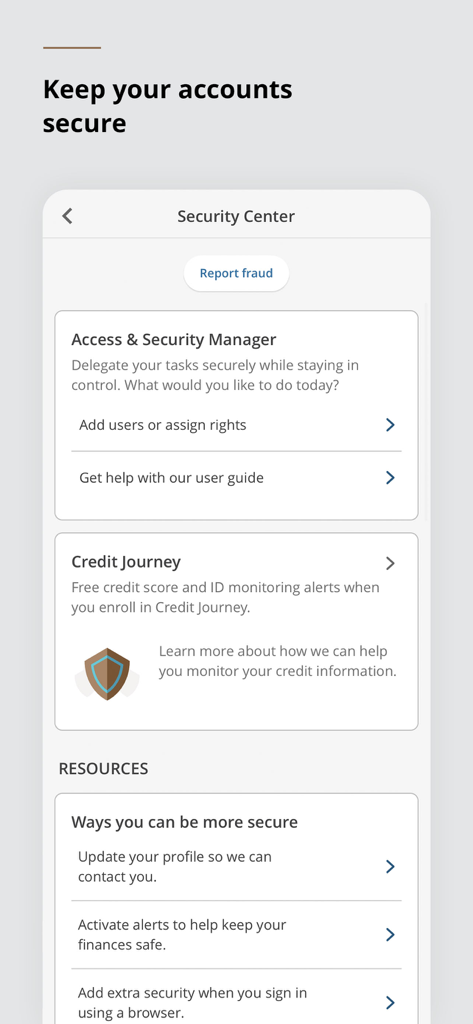 J.P. Morgan Mobile - Security Center screen in the J.P. Morgan Mobile app featuring account protection and credit monitoring tools