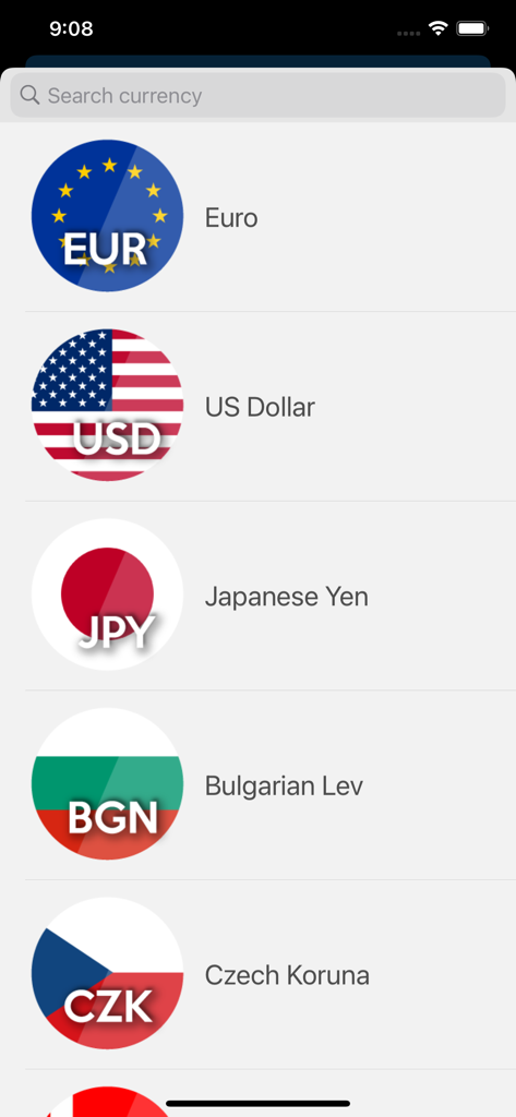 Interface showing a list of currencies like Euro and US Dollar with flag icons and a search bar