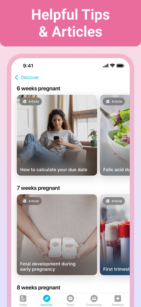 Der Entdeckungsbildschirm der Pregnancy Plus App zeigt hilfreiche Artikel und Tipps zur Schwangerschaft