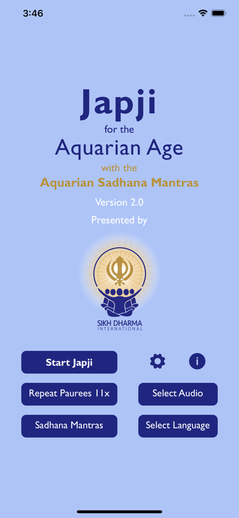 Japji for the Aquarian Age - Écran d'accueil de l'application Japji pour l'Âge du Verseau montrant des boutons pour la pratique spirituelle et les mantras