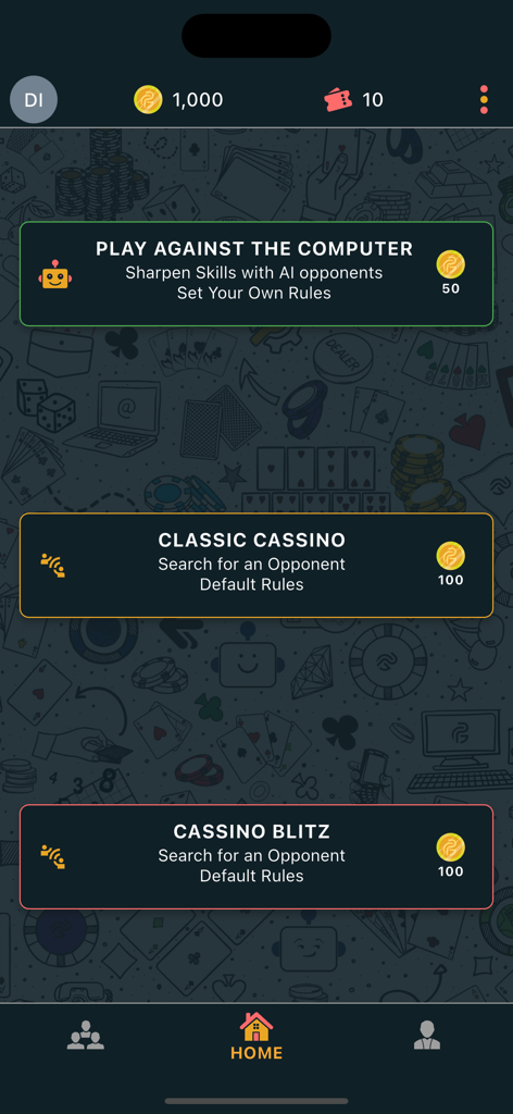 Pocket Cassino - Pocket Cassino app main menu showing game modes for AI play Classic Cassino and Cassino Blitz