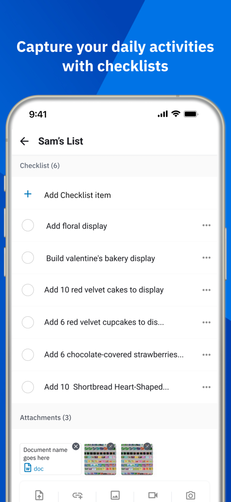 Workcloud My Work - Mobile app screenshot of Zebra Workcloud My Work showing a retail employee task checklist for bakery and floral displays