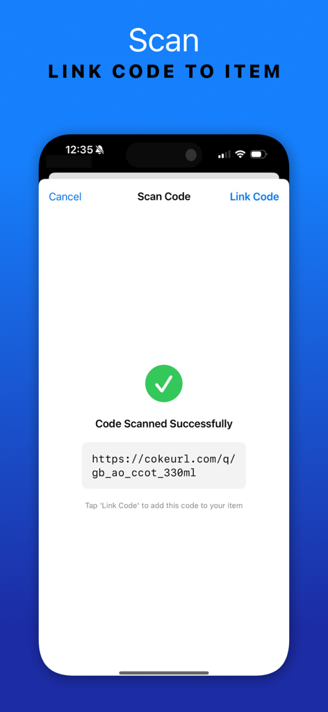 A smartphone screen showing a successful barcode scan within the Easy Inventory Tracker app.