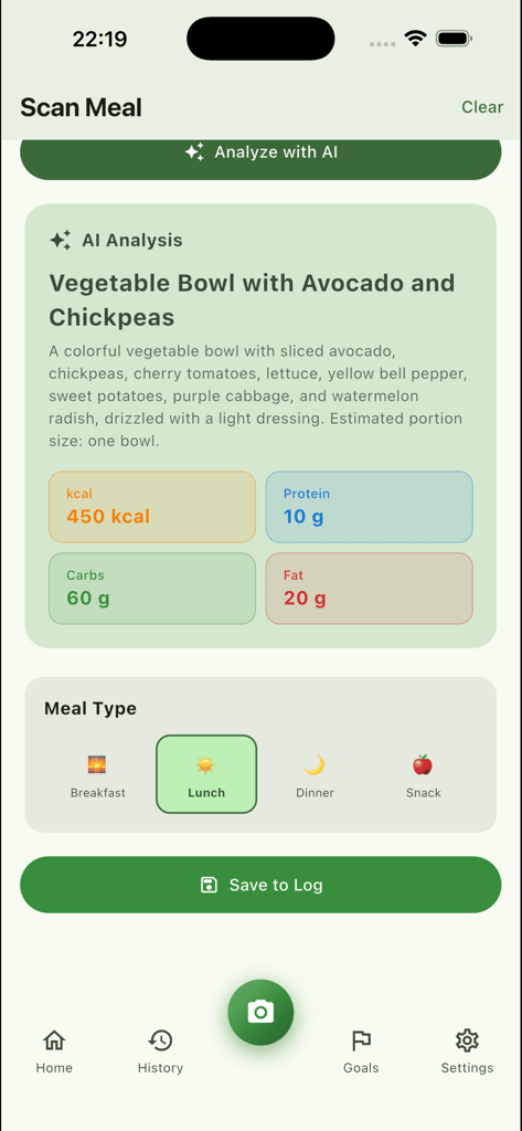 CalorAI – AI Calorie Tracker - CalorAI app screen showing AI analysis of a vegetable bowl with 450 calories and macro details.