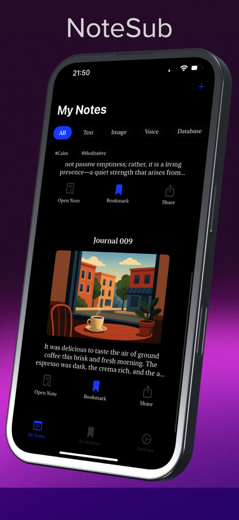 NoteSub - Captura de pantalla de la aplicación NoteSub mostrando el diseño del feed 'Mis Notas' al estilo de redes sociales con entradas de texto e imágenes en un iPhone.