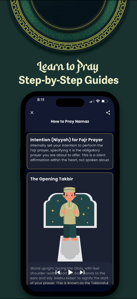 A mobile app interface showing a step-by-step guide for Islamic prayer with an illustration and instructional text.
