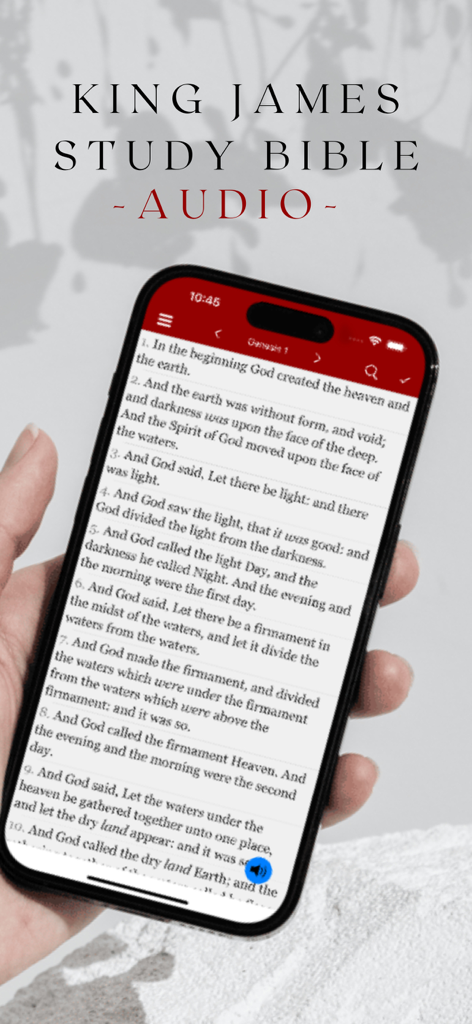King James Study Bible - Audio - A hand holding a smartphone displaying the King James Study Bible app with biblical text from Genesis on the screen