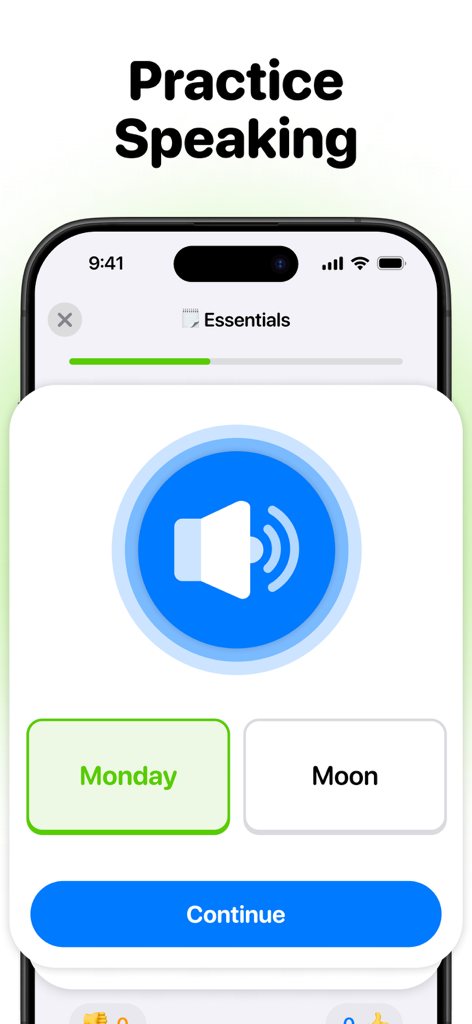 Pantalla de la aplicación Talk AI que muestra un ejercicio de práctica de habla con botones de selección de palabras en un iPhone.